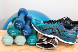 Exercise dumbbells and sneakers