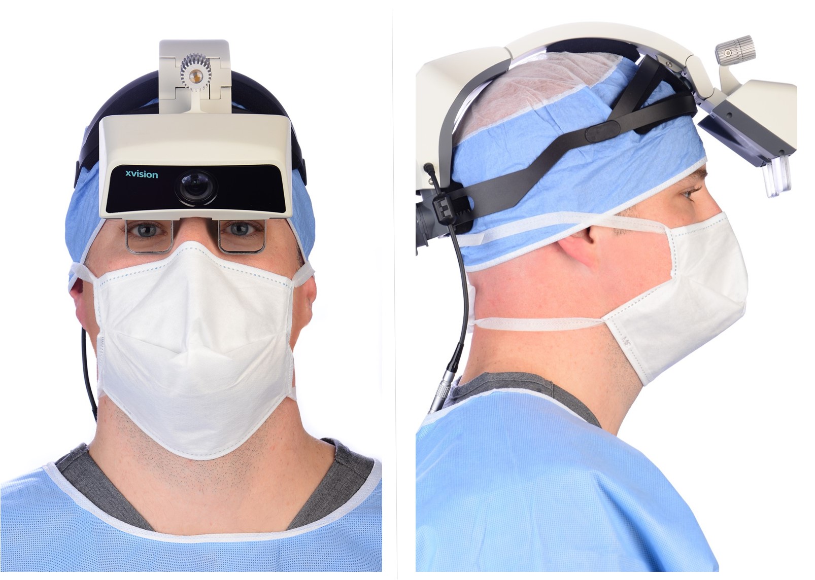front and side view of xvision augmented reality spine systems headset Dr. Sung and PA doctors with augmented reality spine system x-ray vision