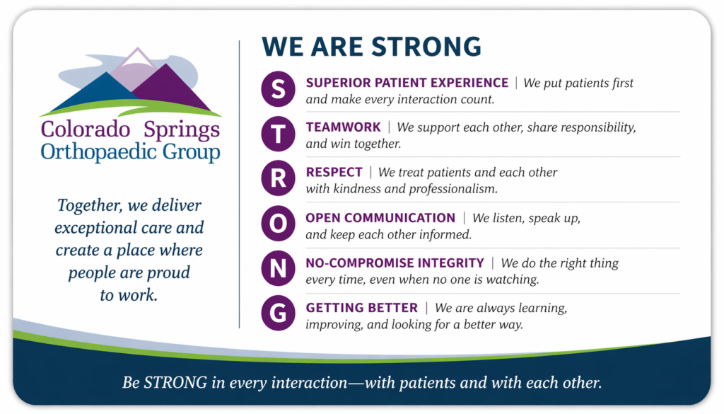 Colorado Springs Orthopaedic Group founded on superior patient experience, teamwork, respect, communication, integrity, and ongoing improvement.